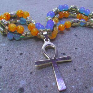 Handmade Egyptian Ankh Necklace with Gemstone Beads.  One of a Kind!